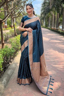 GEETABA FASHION Woven Dharmavaram Jacquard Saree(Dark Green, Blue)