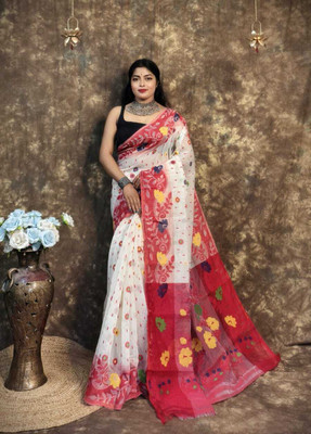 UR Affection Only Floral Print Jamdani Cotton Silk Saree(Red, White)