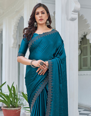Satrani Embroidered, Embellished Bollywood Satin Saree(Blue)