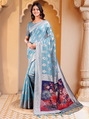 ASTITA Self Design Bollywood Linen Saree(Light Blue)