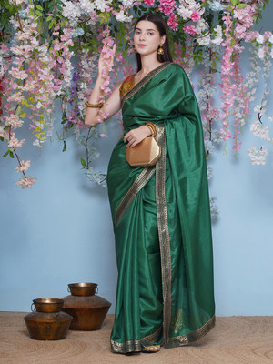 LABELKASHI Solid/Plain Bollywood Silk Blend Saree(Green)