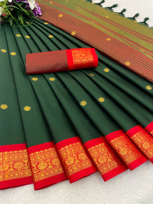 KanjiQueen Woven Kanjivaram Pure Silk, Cotton Blend Saree(Dark Green, Red)