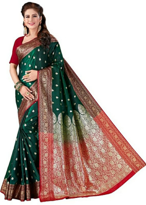 HouseOfCommon Woven Banarasi Jacquard Saree(Red, Green)