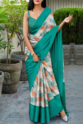 JERAVI Enterprise Printed Bollywood Cotton Silk Saree(Light Blue)