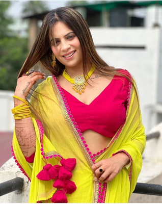 AVANTIKA FASHION Solid/Plain, Embellished, Woven Bollywood Georgette, Art Silk Saree(Yellow)