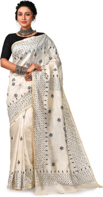 crochetin Woven Kantha Handloom Art Silk Saree(Cream, Black)