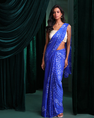 Indethnic Printed Bandhani Polyester Saree(Blue)
