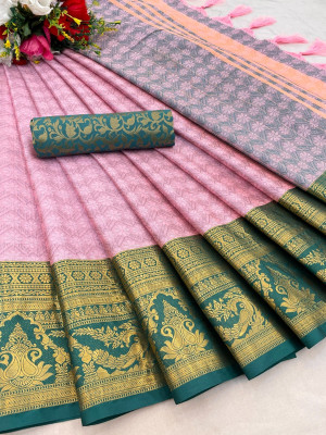yourwish Woven, Embellished, Self Design Banarasi Silk Blend, Jacquard Saree(Pink, Light Green, Gold)