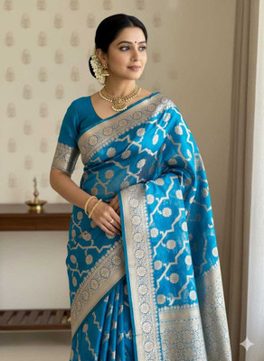 MJAfabric Woven Banarasi Cotton Silk Saree(Blue)