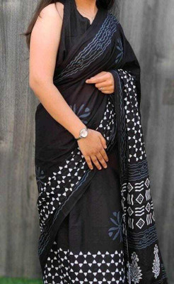DASTKARPRINT Printed, Color Block, Blocked Printed, Floral Print, Dyed Daily Wear Pure Cotton Saree(Black)