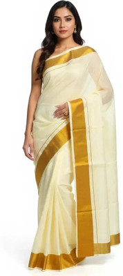 EverGreenNest Woven, Solid/Plain, Self Design, Striped Kasavu Cotton Blend Saree(Beige, Gold)