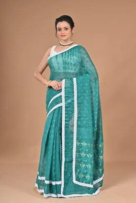 FASHIONIUM Woven Jamdani Cotton Silk Saree(Light Blue)