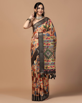 KAHIRAA WHOLETEX Printed Kalamkari Tussar Silk Saree(Brown)