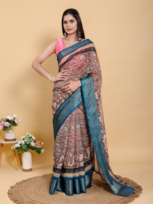 SL F Floral Print, Printed Bollywood Cotton Linen Saree(Multicolor, Pink)