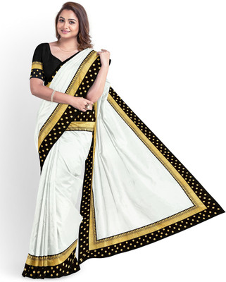 color bucket Self Design Assam Silk Silk Blend Saree(White, Black)