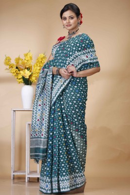 DipDiya Woven Jamdani Pure Cotton Saree(Dark Green)