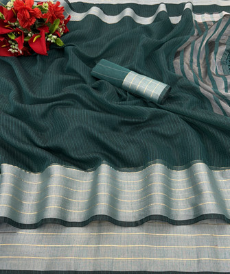 PIYA DESIGNER Solid/Plain Kasavu Cotton Linen Saree(Dark Green, Silver)