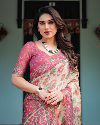 ALMAARI FASHION Floral Print Handloom Cotton Linen Saree(Multicolor)