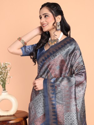 Divastri Geometric Print, Printed, Digital Print, Embellished Bollywood Silk Blend Saree(Blue)