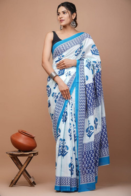 Tanishka Handicrafts Printed Daily Wear Cotton Blend Saree(Light Blue)