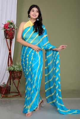 Ashwamegh Creation Checkered, Geometric Print, Self Design, Embellished, Printed Bandhani Chiffon Saree(Light Blue)