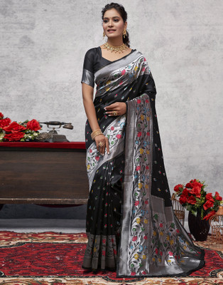 Samah Woven, Embellished, Self Design Paithani Silk Blend, Jacquard Saree(Black, Silver)