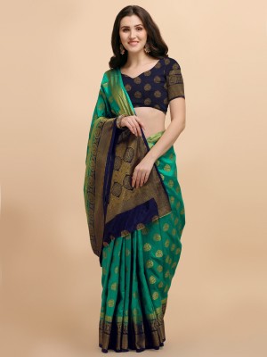 Fanla Floral Print Banarasi Cotton Silk Saree(Dark Blue)