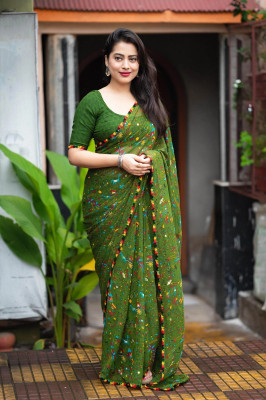 ZENFAB THREADS Printed, Digital Print, Self Design Bollywood Georgette, Pure Silk Saree(Green)