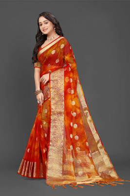 HouseOfCommon Solid/Plain, Woven Bollywood Organza Saree(Mustard)