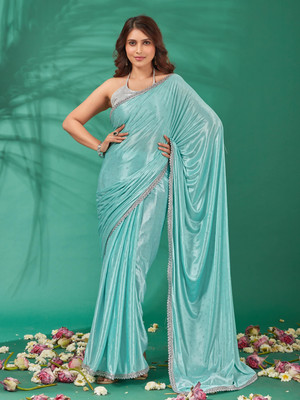 Aadishakti Fashion Embellished Bollywood Lycra Blend Saree(Light Green)