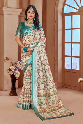 Ethnic Trendz Floral Print Saree with Attached Blouse Cotton Linen Saree(Multicolor)