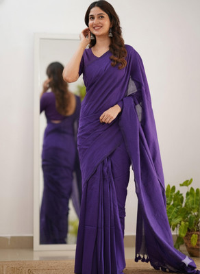 Maku Solid/Plain Handloom Pure Cotton Saree(Purple)