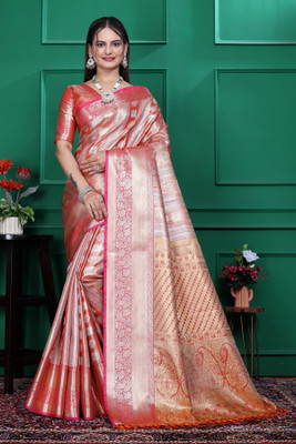 FABFIZA Woven Kanjivaram Jacquard, Cotton Blend Saree(Orange, Gold)