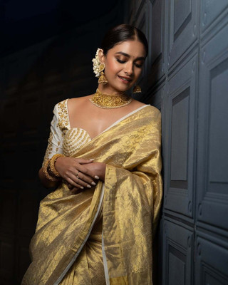 VILLAGIUS Woven, Embellished Banarasi Tissue, Silk Blend Saree(Gold)