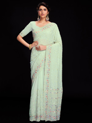 odette Embroidered Saree with Attached Blouse Georgette Saree(Light Blue)