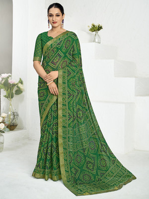 Sangria Polka Print Bandhani Chiffon Saree(Green)