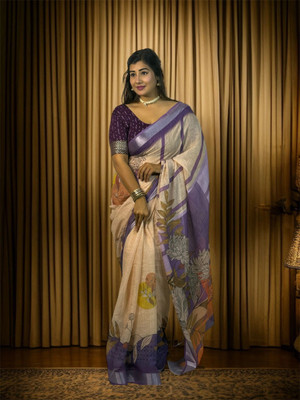 Rachna Printed Daily Wear Linen Saree(Purple)