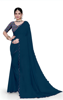 Avishafab Solid/Plain Bollywood Georgette Saree(Blue)