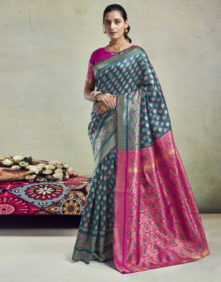 Samah Woven, Self Design Banarasi Art Silk Saree(Blue, Pink, Gold)