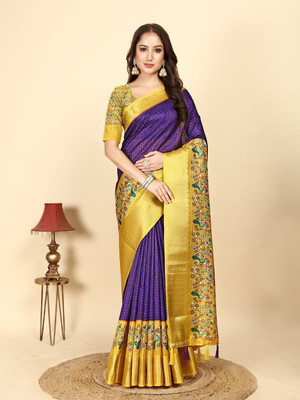 J6 Designers Checkered Assam Silk Art Silk Saree(Purple)