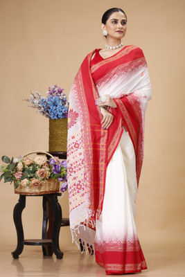SLAGHA Woven Maheshwari Pure Cotton Saree(White)