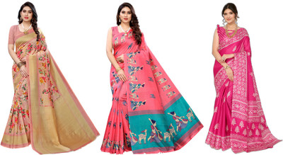 YASHIKA Printed Bollywood Art Silk Saree(Pack of 3, Pink)
