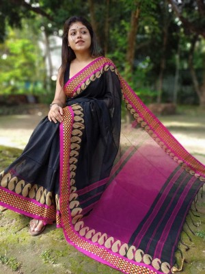 RADIANT WEAVES Woven Handloom Cotton Silk Saree(Black)