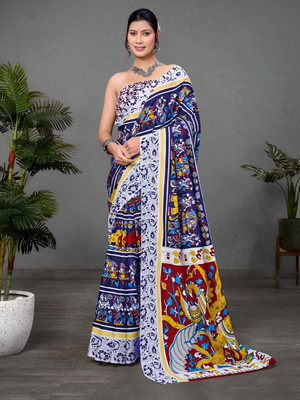 Munir Clothing Printed Daily Wear Cotton Blend Saree(Dark Blue)