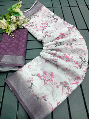 HangerStories Printed Kanjivaram Cotton Linen, Linen Saree(Magenta)