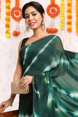MIRCHI FASHION Printed, Striped Leheria Chiffon, Georgette Saree(Dark Green, White)