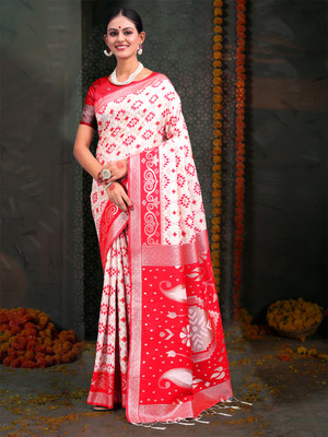 LeeliPeeri Designer Temple Border Tant Cotton Blend Saree(White, Red)