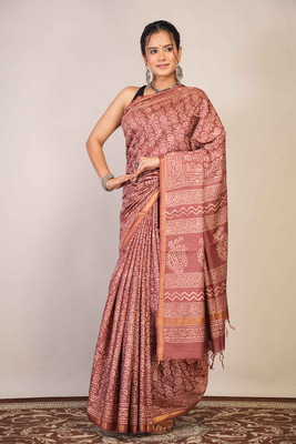 Anuttara Floral Print Saree with Attached Blouse Cotton Silk Saree(Brown)