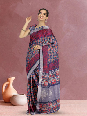 Avishya Printed Daily Wear Linen Saree(Blue)