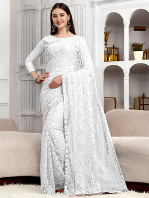 NexxaFashion Self Design Bollywood Net Saree(White)